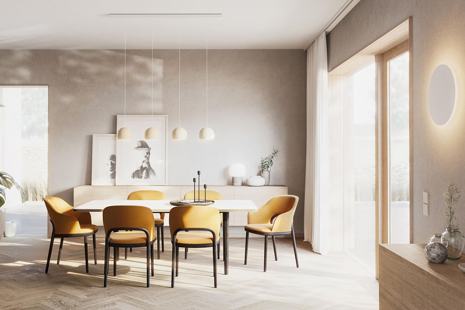 Moderner Essbereich mit gelben Stühlen, Hängelampen und einer großen Fensterfront für viel Tageslicht.