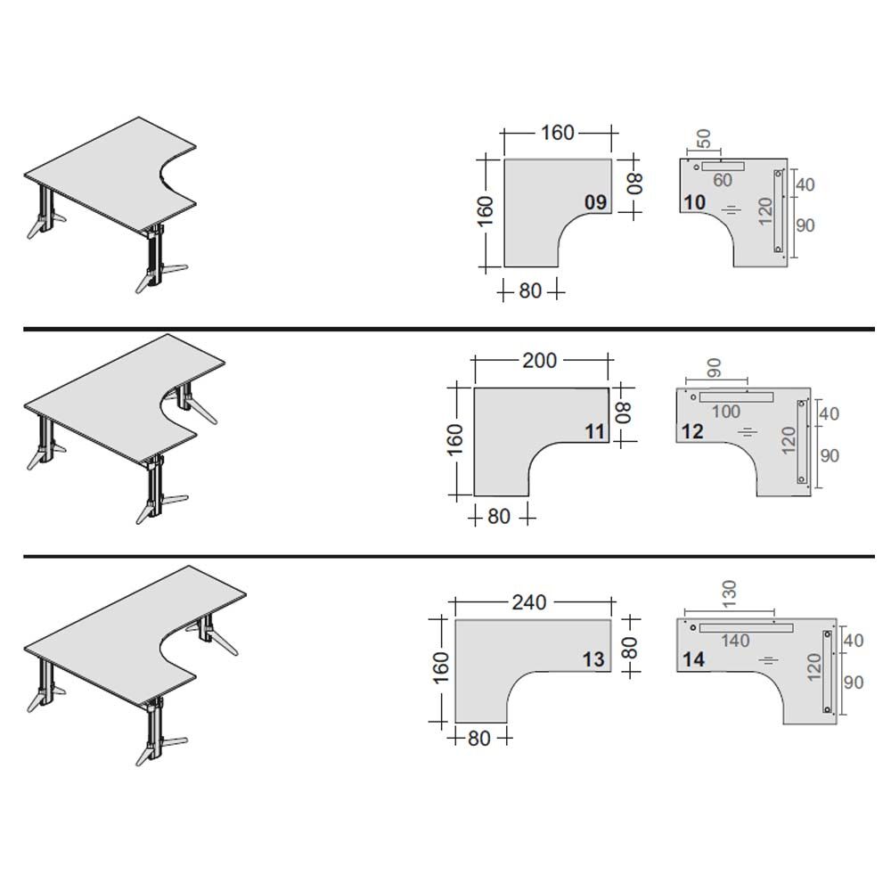 Drei ergonomische Schreibtische mit L-Form, dargestellt mit Maßangaben in verschiedenen Größen für dynamisches Sitzen.
