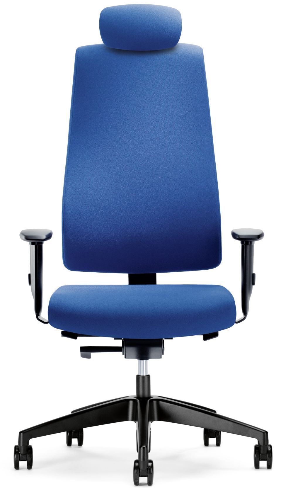 Blauer ergonomischer Bürostuhl mit Kopfstütze und verstellbaren Armlehnen auf schwarzem Drehfuß mit Rollen.