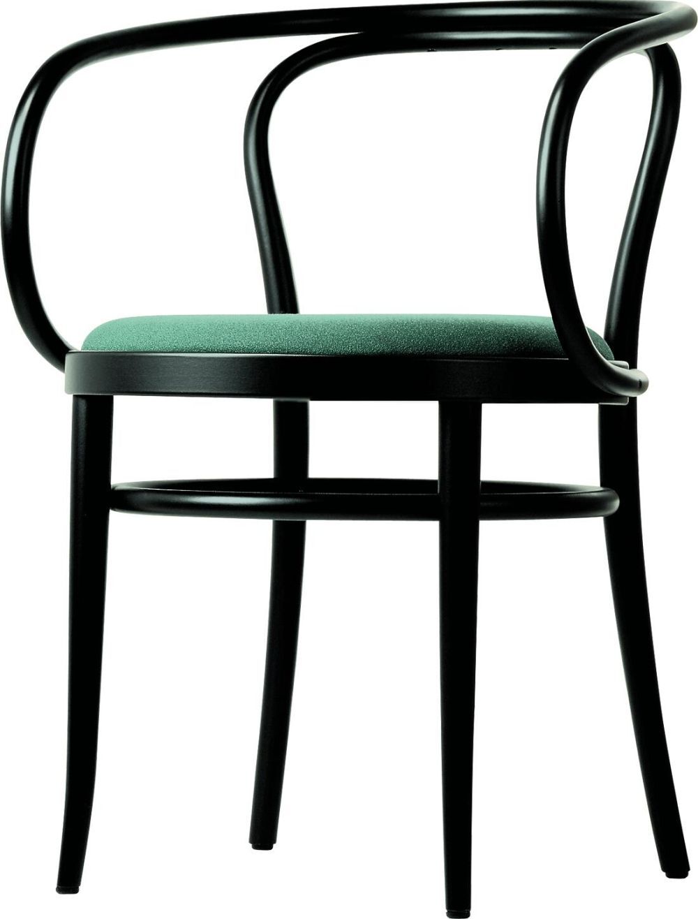 Schwarzer Holzstuhl mit geschwungenen Armlehnen und grünem Sitzpolster, minimalistisches Design.