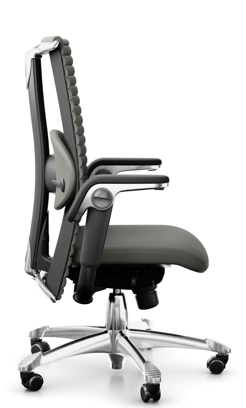 Seitliche Ansicht eines ergonomischen Bürostuhls mit verstellbaren Armlehnen und innovativer Rückenlehne auf Rollen.