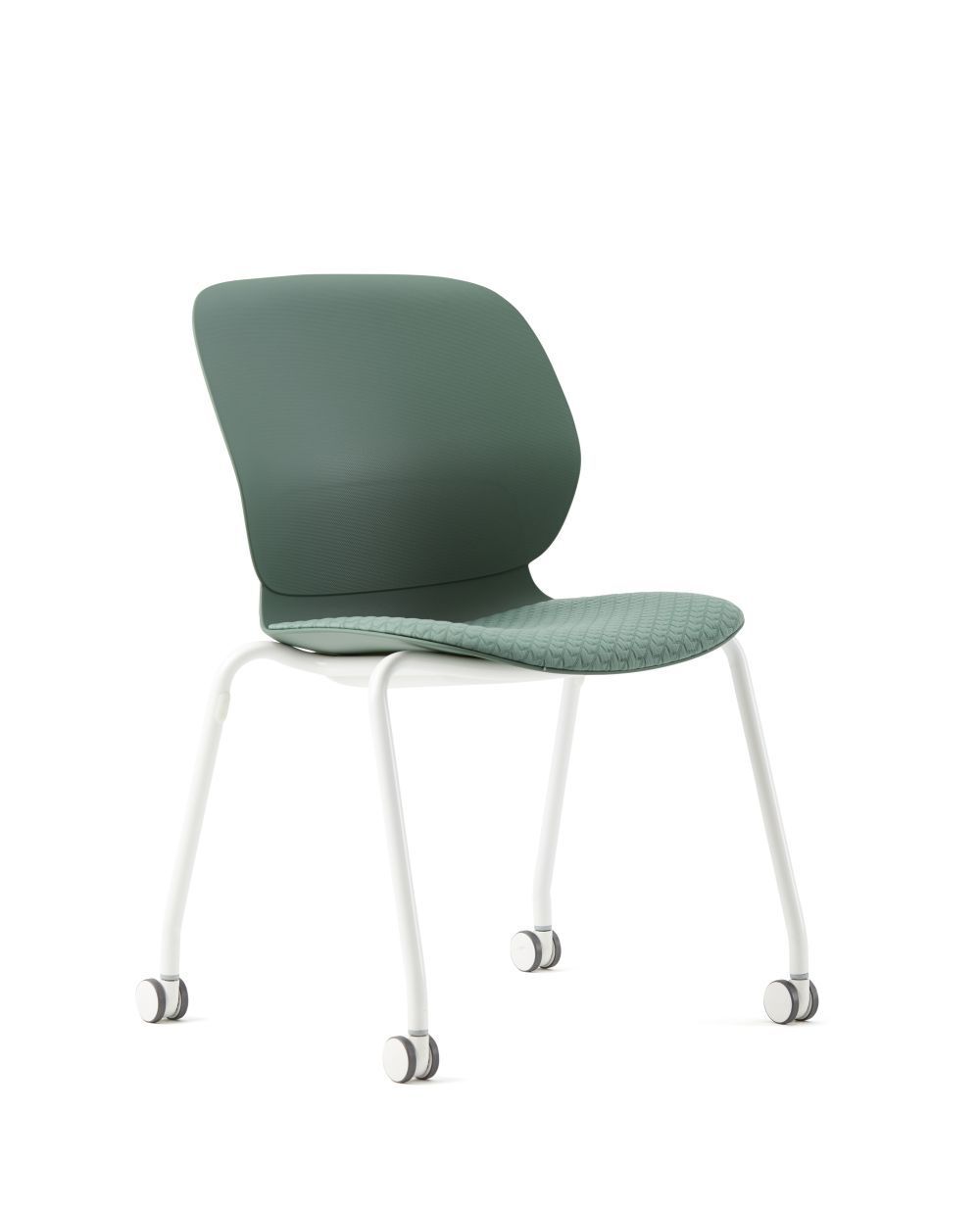 Moderner ergonomischer Stuhl in Grün mit weißen Beinen und Rollen, ideal für dynamisches Sitzen im Büro.