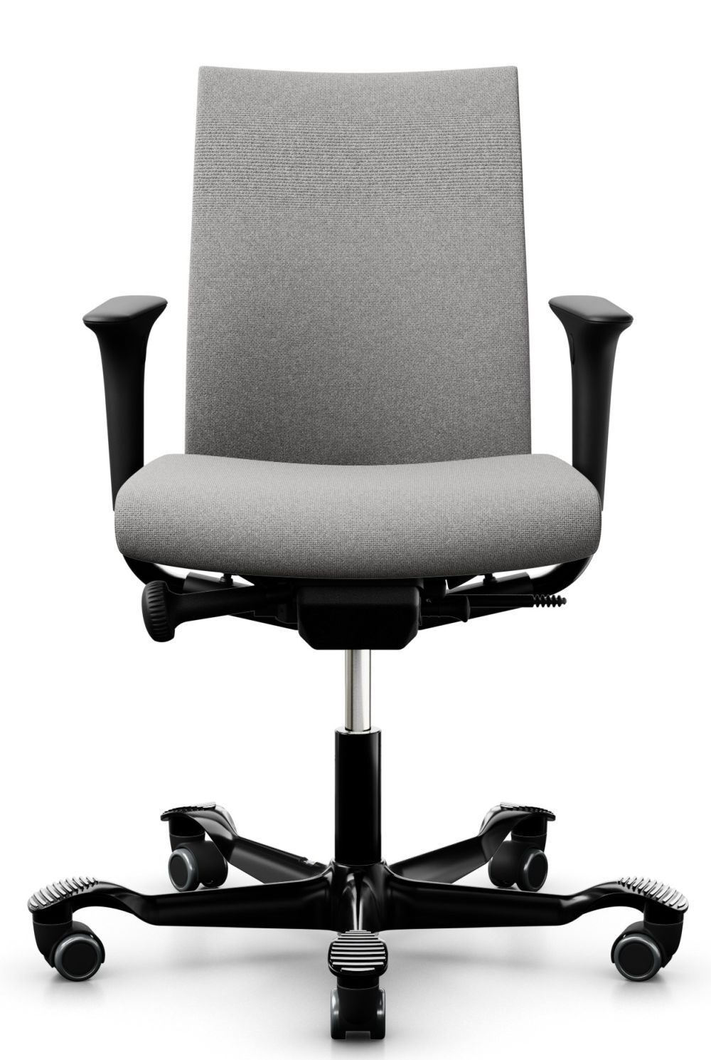 Moderner ergonomischer Bürostuhl in Grau mit Armlehnen, ideal für dynamisches Sitzen und gesunden Arbeitsstil.