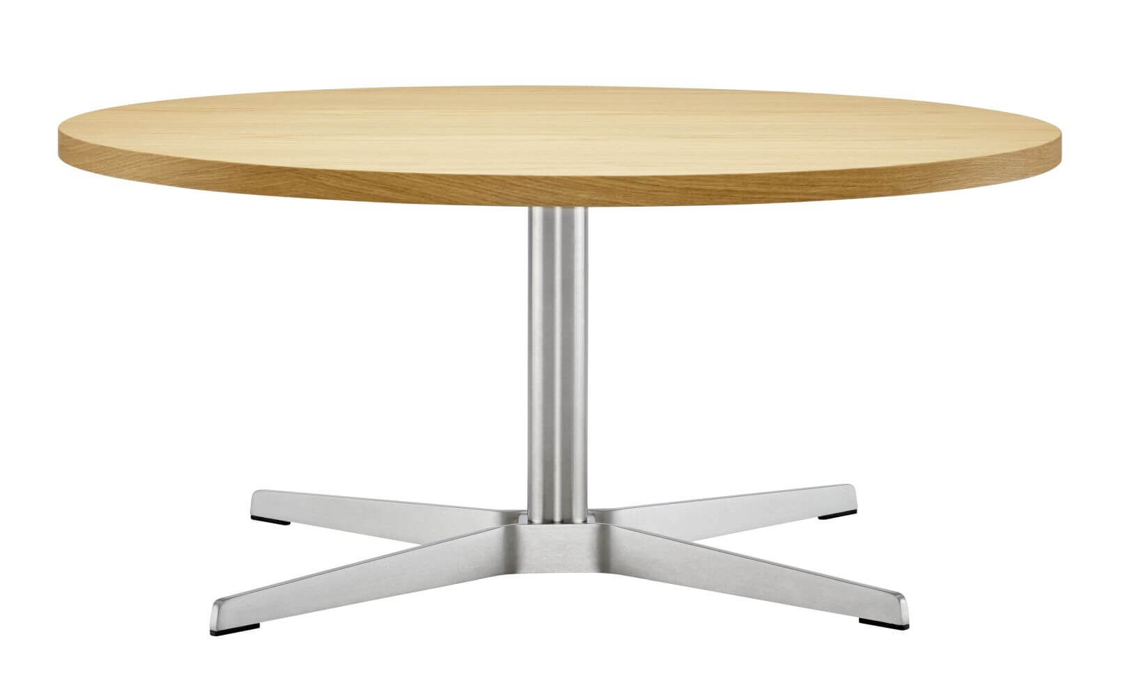 Runder Holztisch mit einem stabilen, silbernen Metallfuß, ideal für moderne Büros und dynamisches Sitzen.