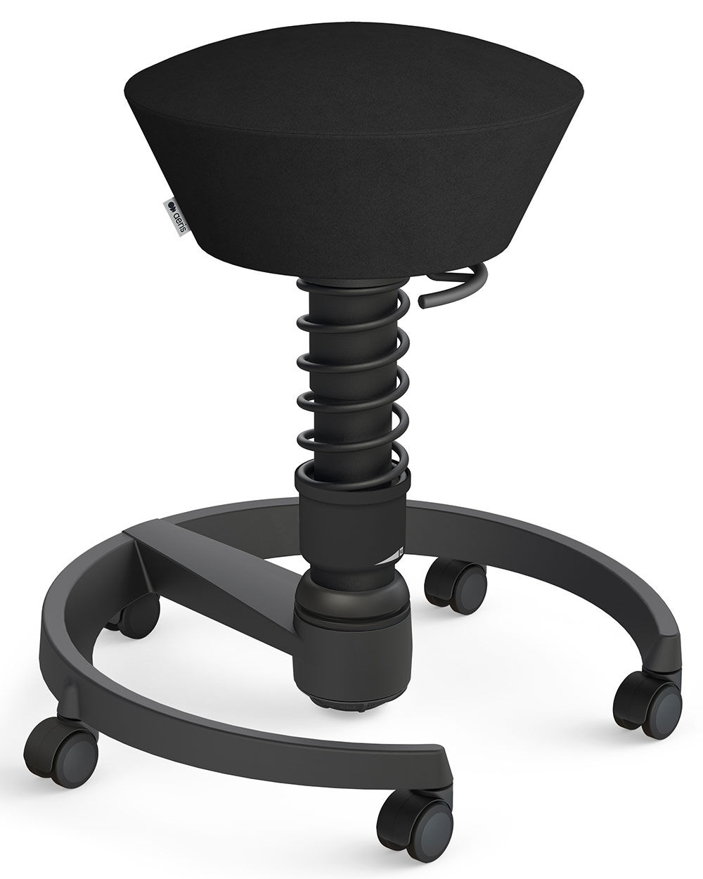 Moderner ergonomischer Hocker mit schwarzer Polsterung und beweglichem Federmechanismus auf Rollen.