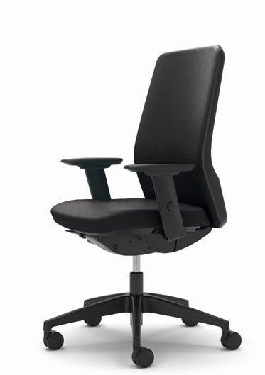 Ergonomischer Bürostuhl in Schwarz mit verstellbaren Armlehnen und fünf Rollen für dynamisches Sitzen.