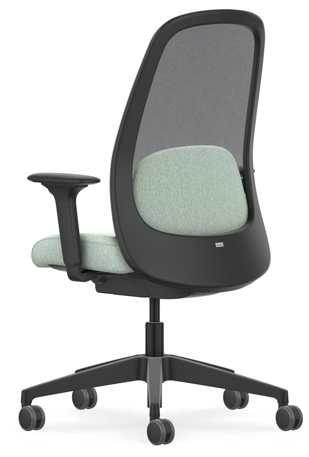 Rückansicht eines ergonomischen Bürostuhls mit grünem Sitzpolster, verstellbaren Armlehnen und Rollen auf einem schwarzen Gestell.