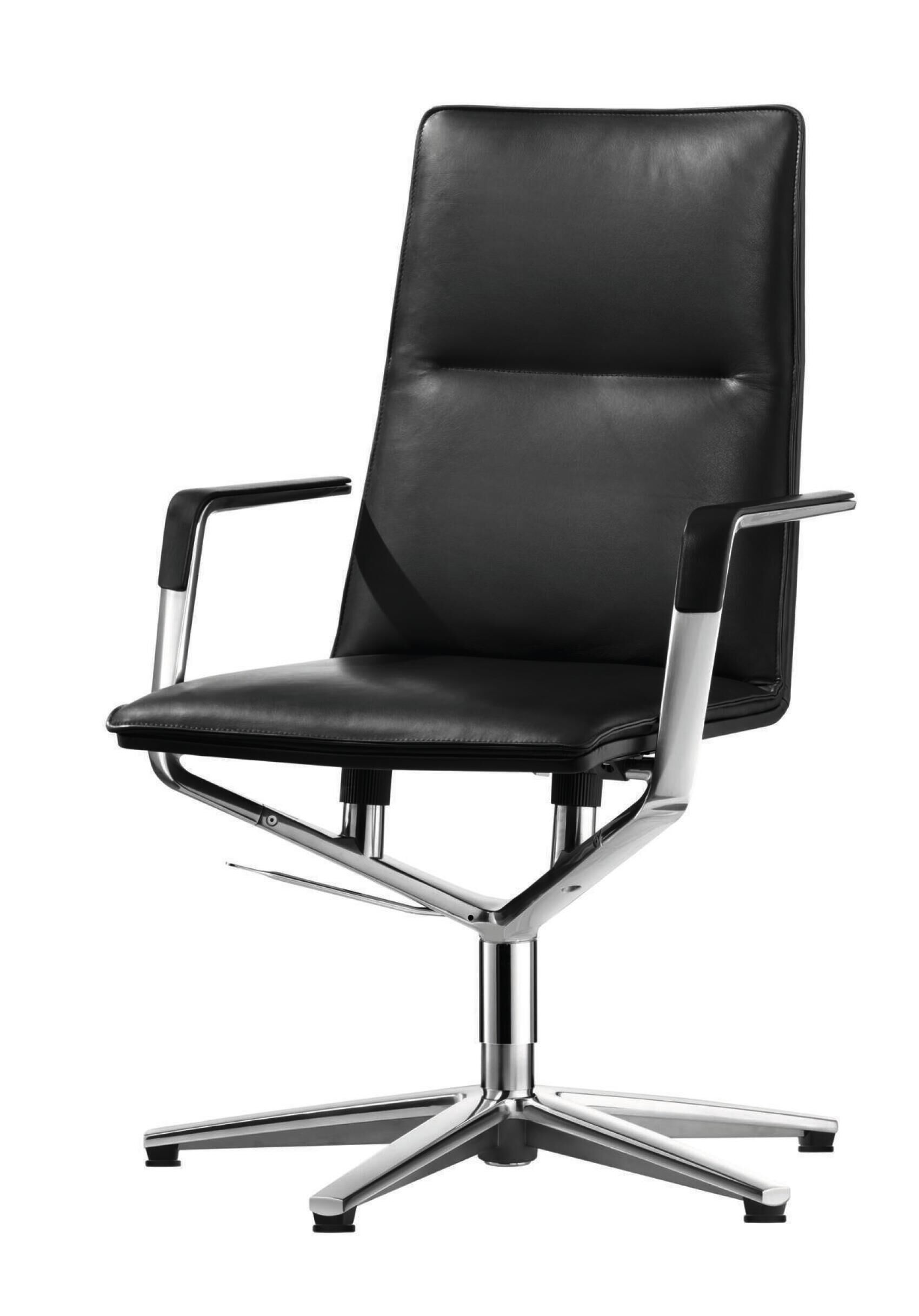Schwarzer ergonomischer Bürostuhl mit verchromtem Gestell und Armlehnen, ideal für komfortables, dynamisches Sitzen.