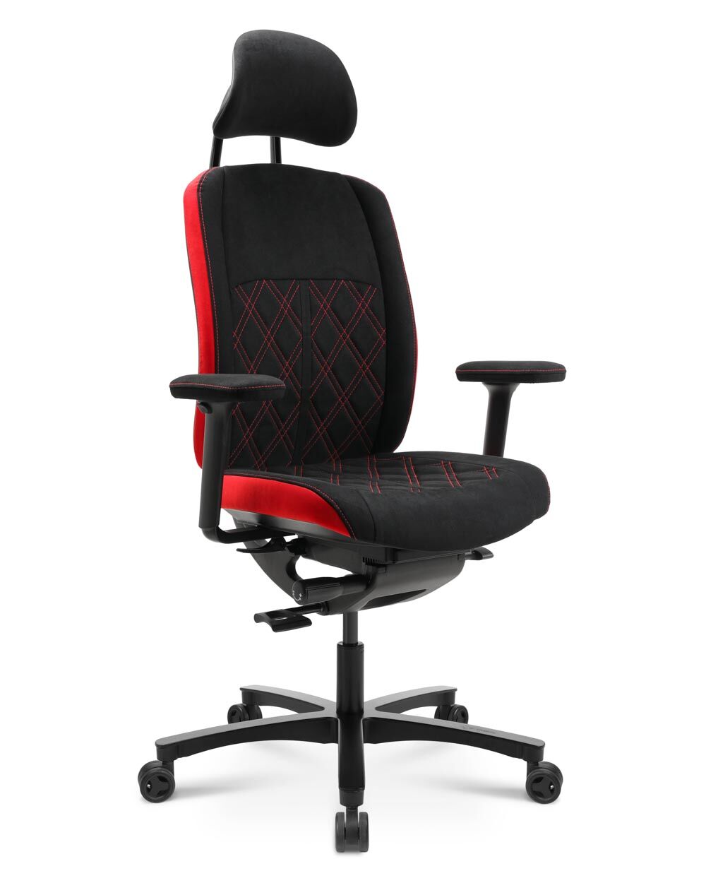 Ergonomischer Bürostuhl in Schwarz-Rot mit Kopfstütze und verstellbaren Armlehnen, ideal für dynamisches Sitzen.