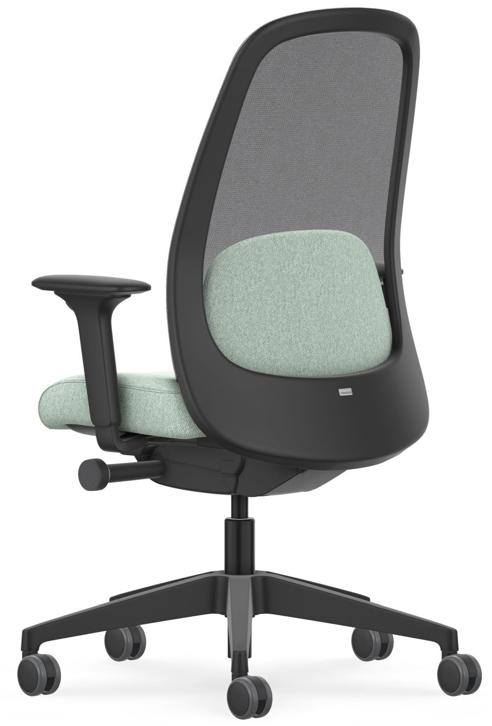 Ergonomischer Bürostuhl mit Netzrückenlehne und gepolstertem Sitz in hellem Grün, drehbar und mit Rollen.