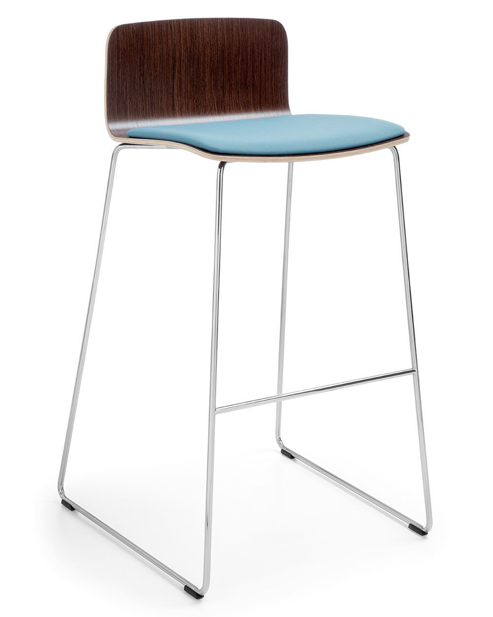 Ergonomischer Barhocker mit blauem Sitzpolster und Metallgestell, ideal für gesundes Sitzen im Arbeitsbereich.