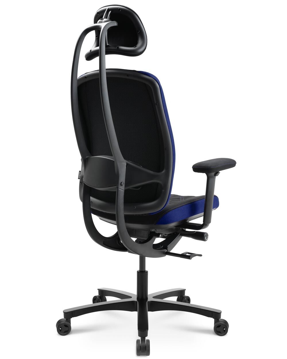 Ergonomischer Bürostuhl mit Kopfstütze, verstellbarer Rückenlehne und Rollen, ideal für dynamisches Sitzen.