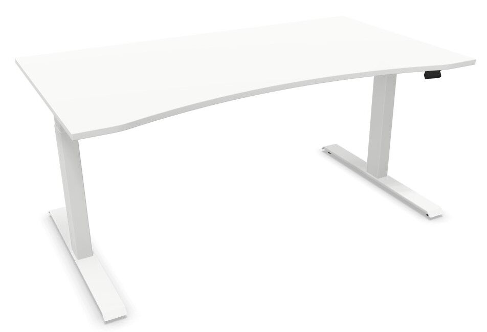 Weißer höhenverstellbarer Schreibtisch mit geschwungener Kante, ideal für ergonomische Büroeinrichtungen.