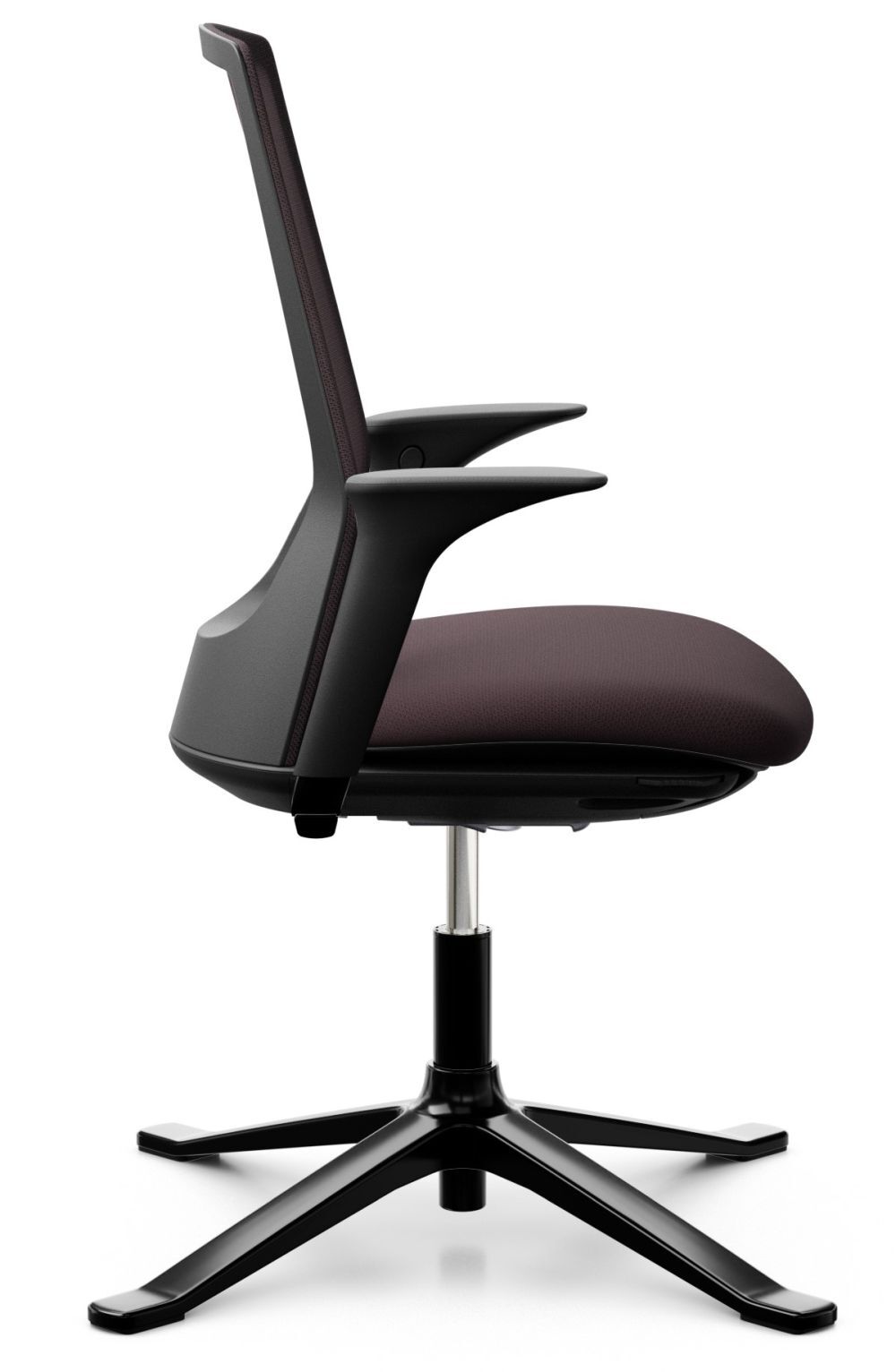 Seitenansicht eines ergonomischen Bürostuhls mit schwarzem Gestell und gepolsterter Sitzfläche, ideal für gesundes Sitzen.