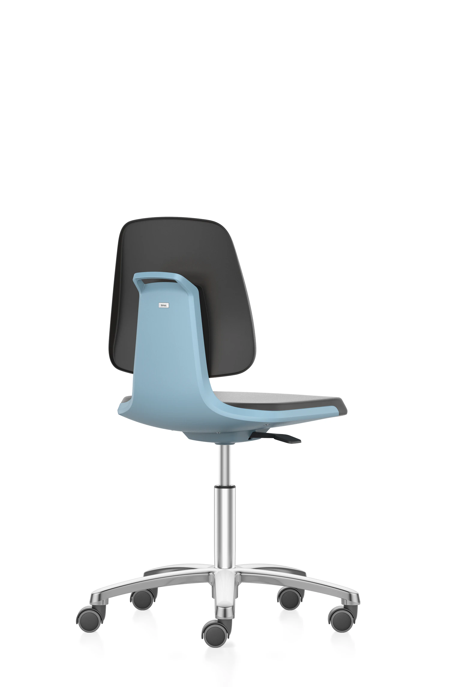 Ergonomischer Bürostuhl mit blauer Rückenlehne, schwarzem Sitz und polierter Metallbasis auf Rollen.