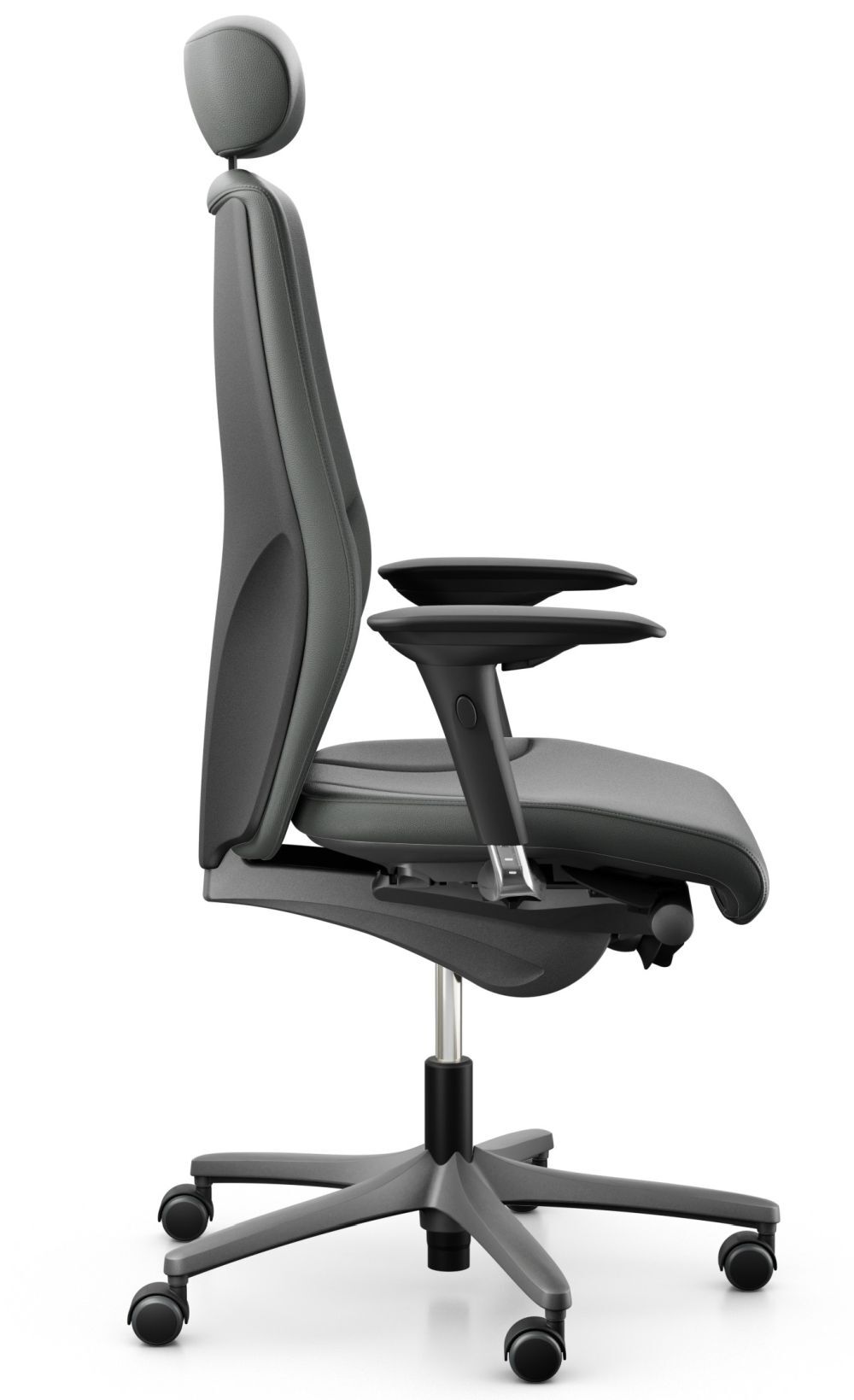 Ergonomischer Bürostuhl mit Nackenstütze und Rollen, seitliche Ansicht, hochwertiges Design für gesundes Sitzen.