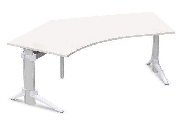 Ergonomischer Schreibtisch mit asymmetrischer Tischplatte und höhenverstellbaren Beinen für dynamisches Arbeiten.