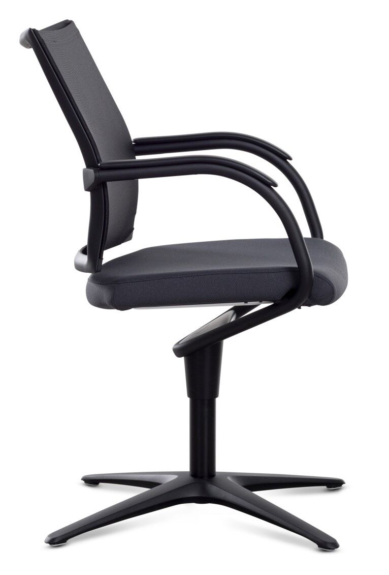 Moderner Bürostuhl mit schwarzem Netzrücken und ergonomischen Armlehnen, seitliche Ansicht, auf drehbarem Stuhlbein.
