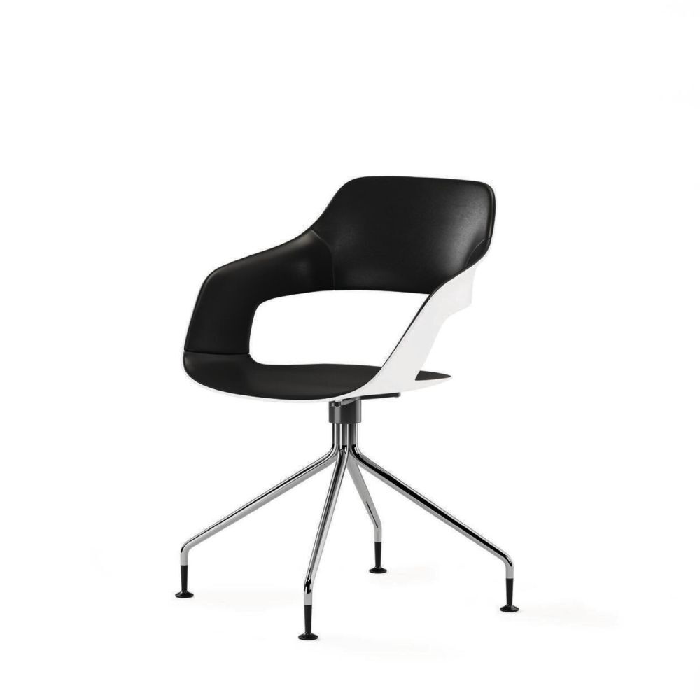 Ergonomischer Stuhl mit schwarzem Sitz, weißen Akzenten und einer modernen, verchromten Basis.