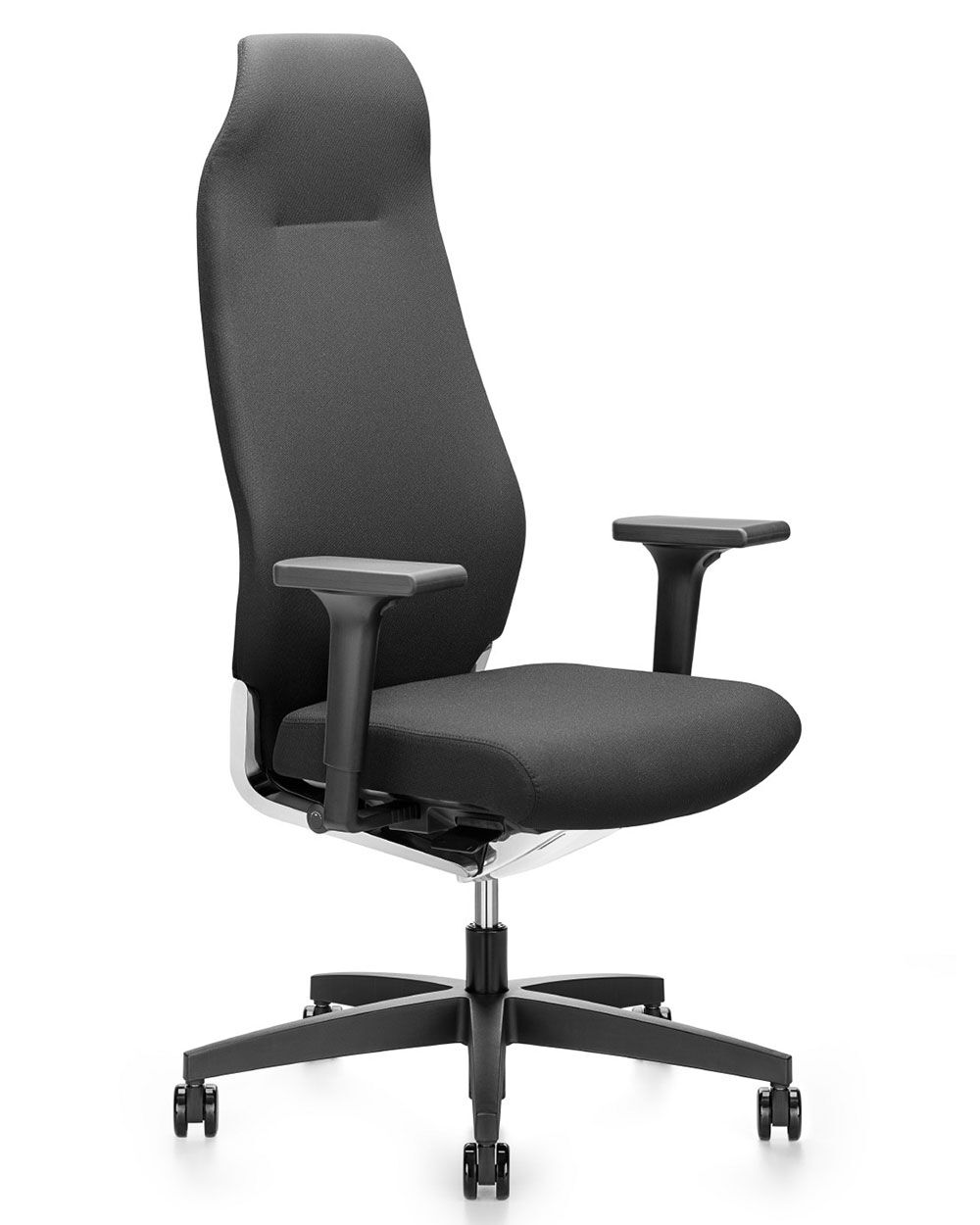 Moderner ergonomischer Bürostuhl in Schwarz mit hoher Rückenlehne und verstellbaren Armlehnen, ideal für dynamisches Sitzen.