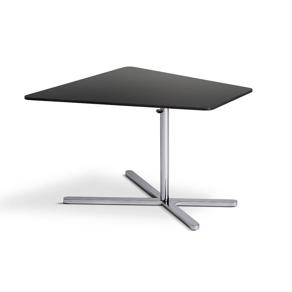 Moderner schwarzer Beistelltisch mit metallischem X-förmigem Sockel, ideal für stilvolle Büroumgebungen.