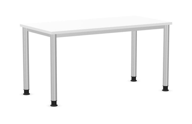 Moderner rechteckiger Tisch mit weißer Tischplatte und verstellbaren Metallbeinen, ideal für Büros.
