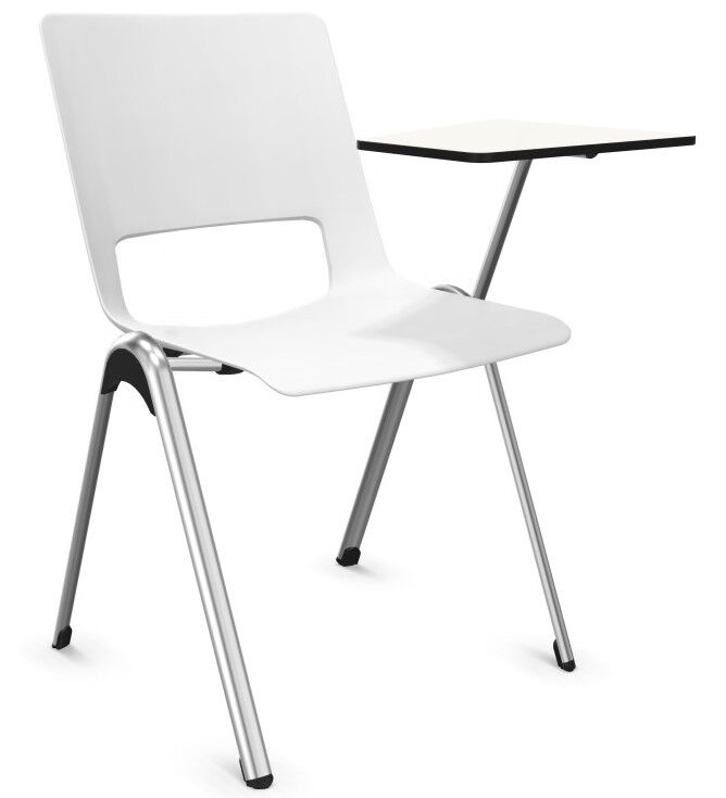 Moderner ergonomischer Stuhl mit integriertem Schreibtisch für flexibles Arbeiten, silberne Beine, weißer Sitz.