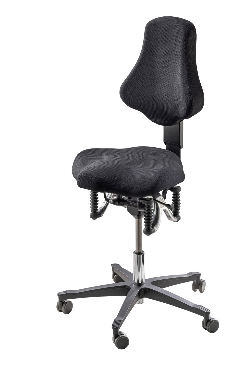 Ergonomischer Bürostuhl mit dynamischem Sitzmechanismus und schwarz gepolstertem Rücken- und Sitzteil auf Rollenbasis.