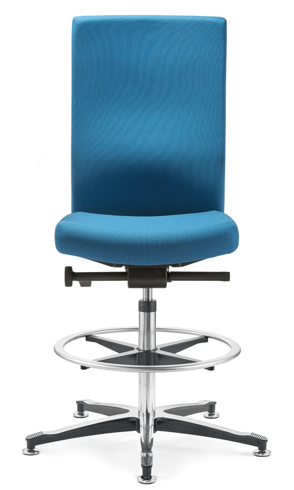 Ergonomischer Bürostuhl mit blauer Polsterung, höhenverstellbaren Funktionen und Fußring auf stabilem Metallgestell.