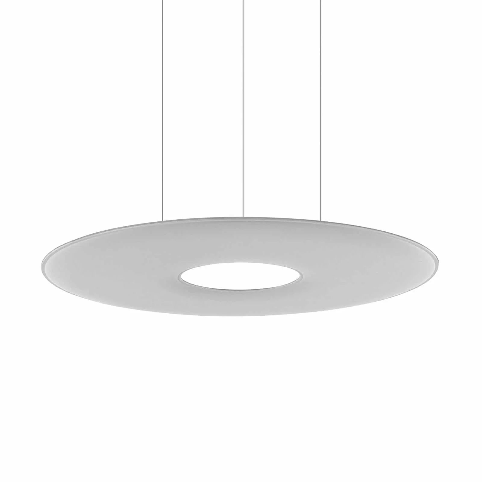 Minimalistische, runde Pendelleuchte in Weiß mit zentraler Öffnung und filigranen Aufhängungen.