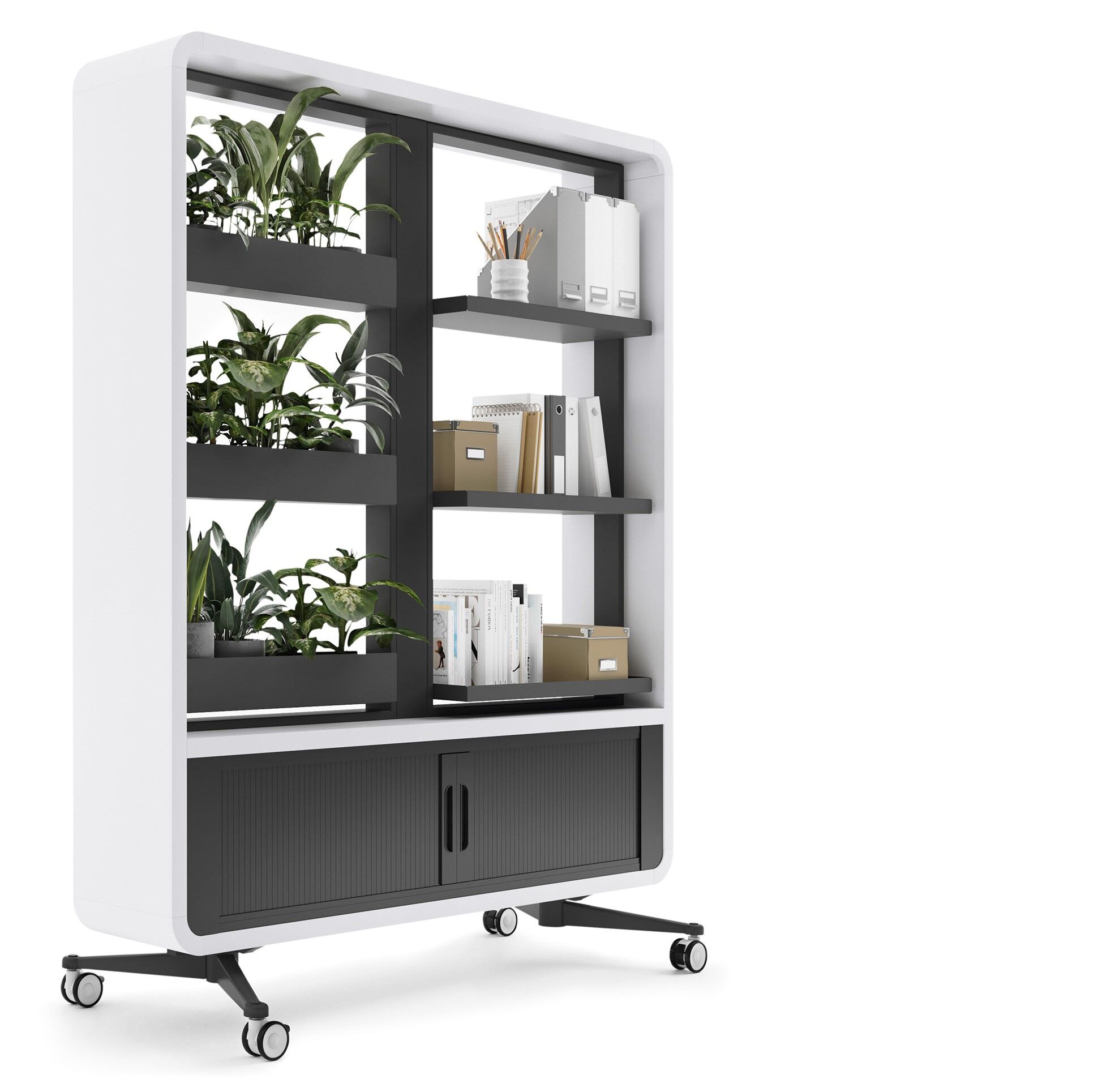 Moderner, weißer Rollcontainer mit Regalen, Pflanzen, Ordnern und Schubladen für flexible Büroorganisation.