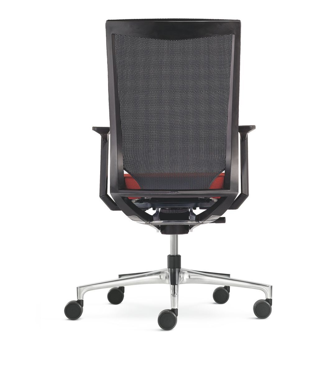 Ergonomischer Bürostuhl mit Netzrückenlehne und verstellbaren Armlehnen, auf Rollen für dynamisches Sitzen im Büro.