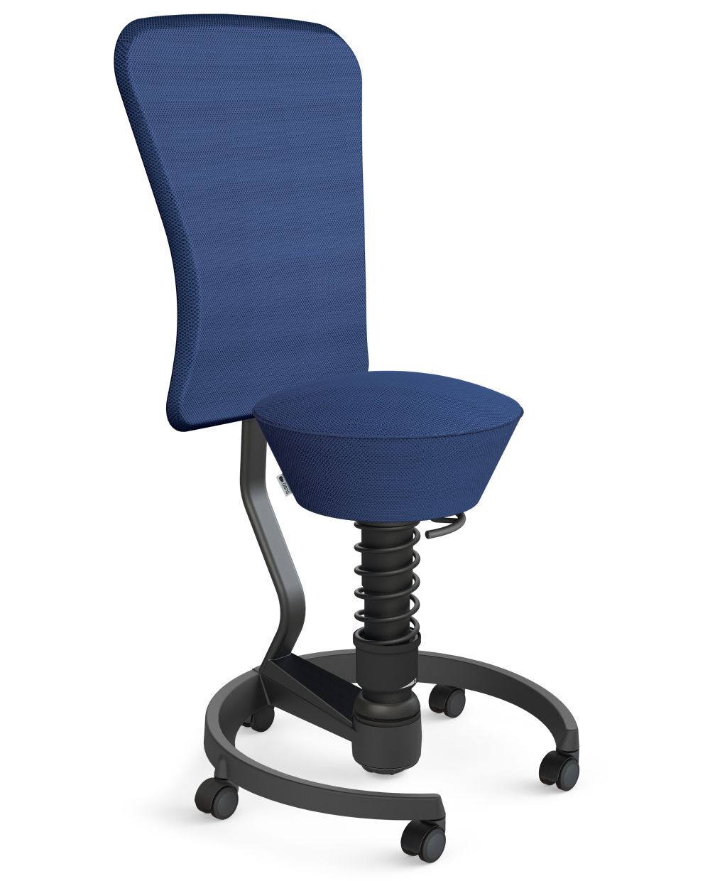 Ergonomischer Bürostuhl in Blau mit dynamischem Sitzdesign und verstellbarer Rückenlehne, auf Rollen.