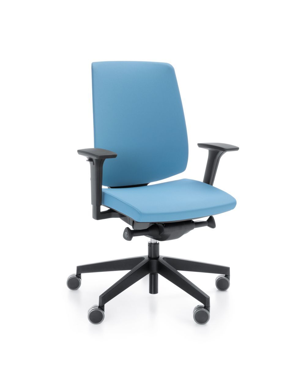 Ergonomischer Bürostuhl in Blau mit verstellbaren Armlehnen und Rollfuß für dynamisches Sitzen.