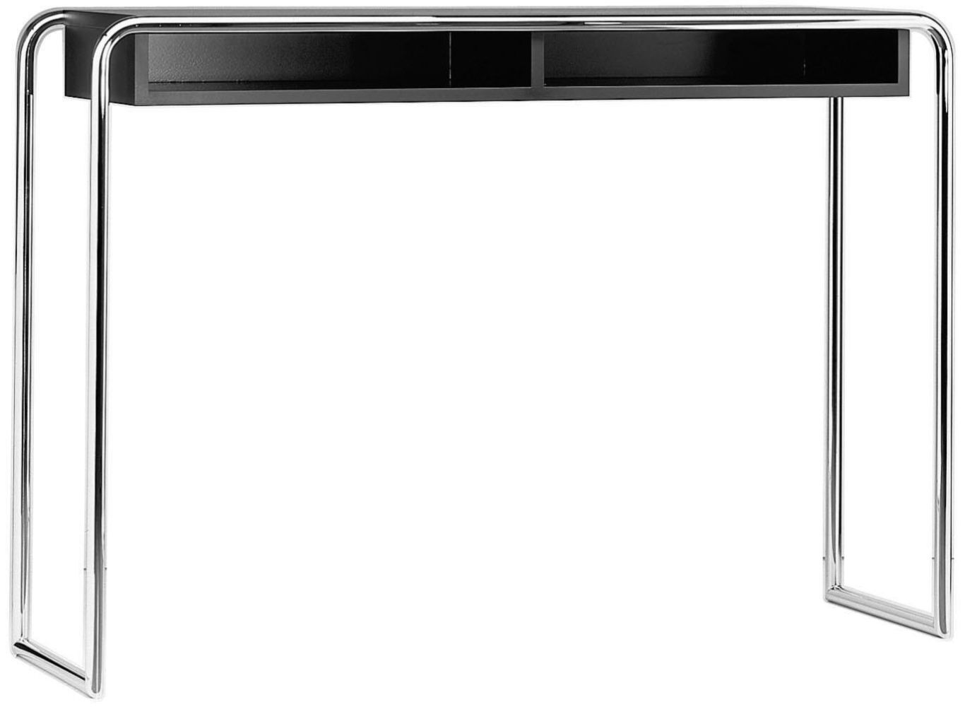 Moderner Schreibtisch mit schwarzer Platte und verchromtem Rahmen, ideal für ergonomische Büroeinrichtungen.