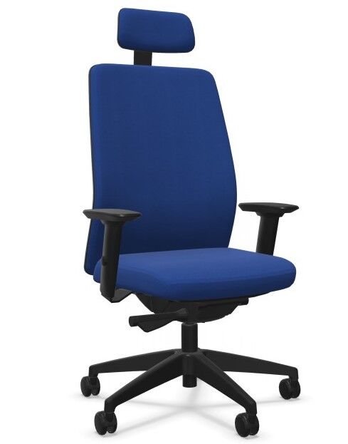 Ergonomischer Bürostuhl in Blau mit Kopfstütze und verstellbaren Armlehnen für dynamisches Sitzen.
