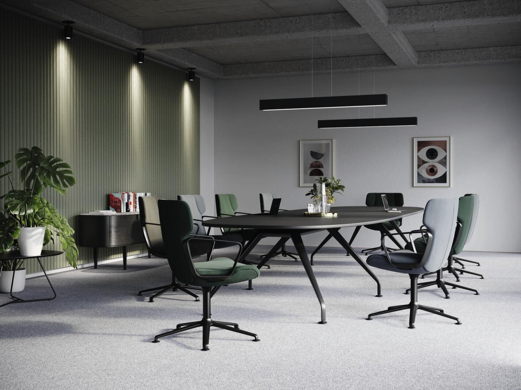 Moderner Konferenzraum mit ergonomischen Stühlen um einen großen, ovalen Tisch, dekoriert mit Pflanzen und Kunstwerken.
