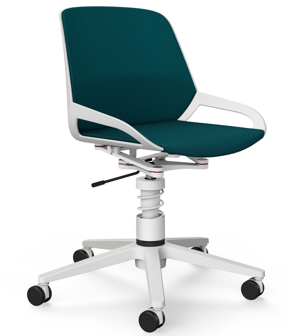 Moderner ergonomischer Bürostuhl mit grünem Sitzpolster und weißem Gestell auf Rollen.