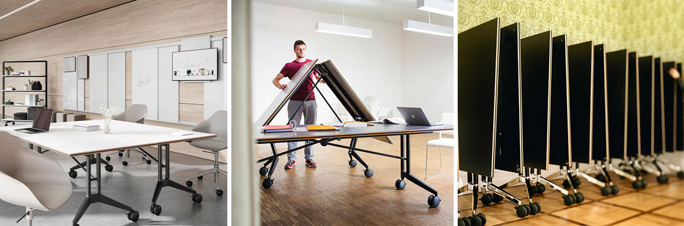 Büro mit ergonomischen Stühlen, Mann beim Umklappen eines Wilkhahn Confair Tisches, mehrere zusammengeklappte Tische.
