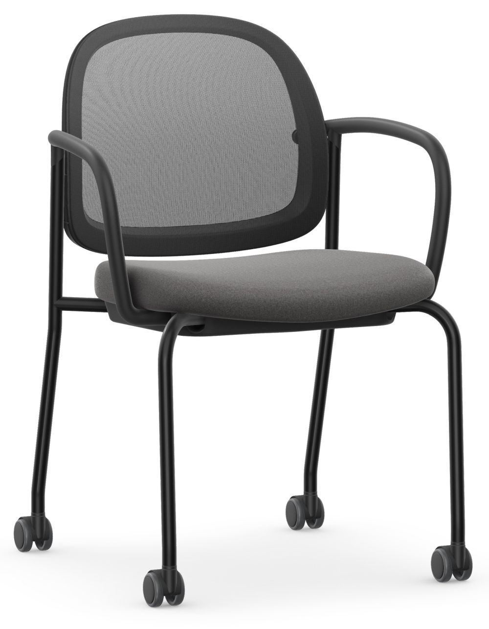 Moderner ergonomischer Stuhl mit Netzrückenlehne, gepolstertem Sitz und Rollen für flexibles Arbeiten.