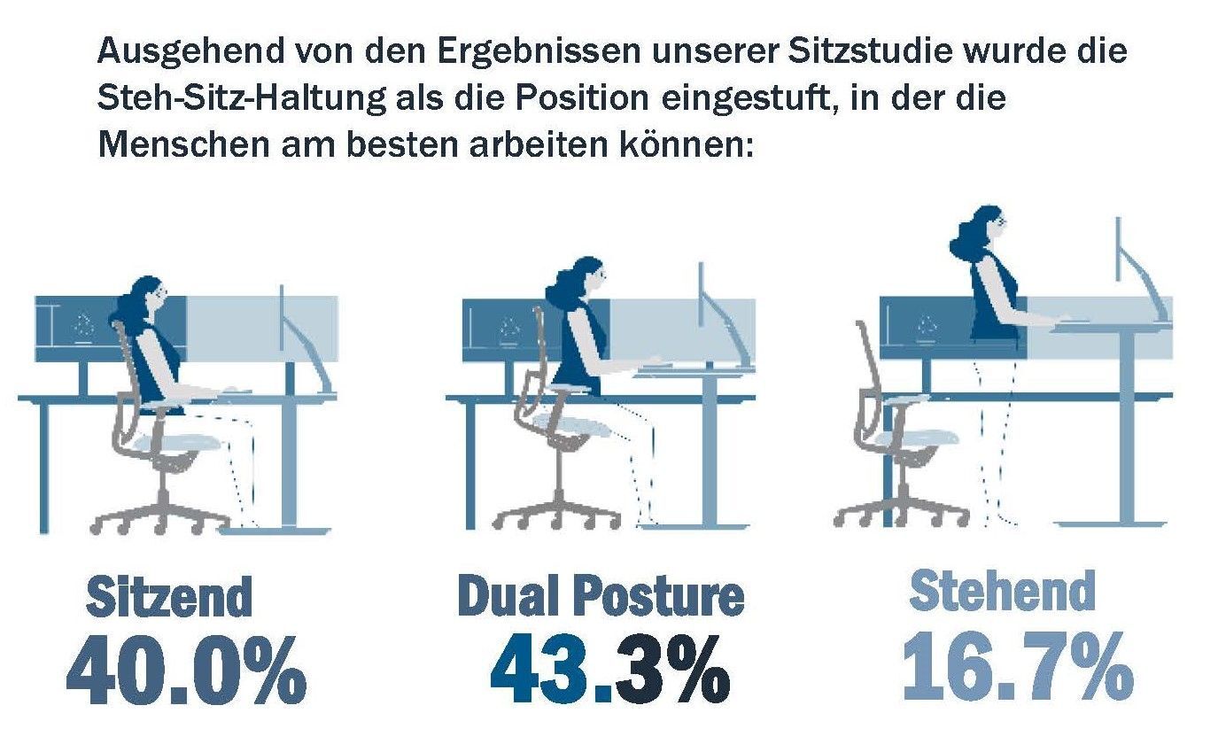 Diagramm zeigt, dass die Duale Haltung mit 43,3% die effizienteste Arbeitsposition ist.