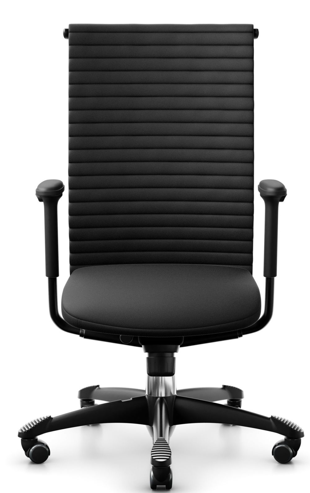 Ergonomischer Bürostuhl in Schwarz mit gepolsterter Rückenlehne und Armlehnen, ideal für dynamisches Sitzen.
