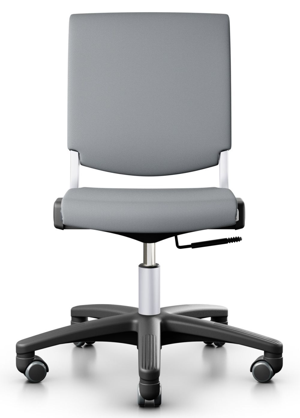 Moderner, grauer ergonomischer Bürostuhl mit verstellbarer Höhe und Rollen, ideal für dynamisches Sitzen.