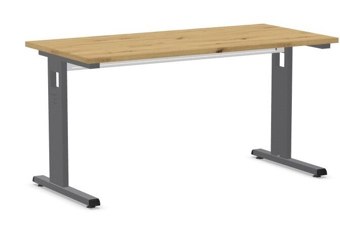 Höhenverstellbarer Schreibtisch mit Holzplatte und grauem Metallgestell, ideal für ergonomische Arbeitsplätze.