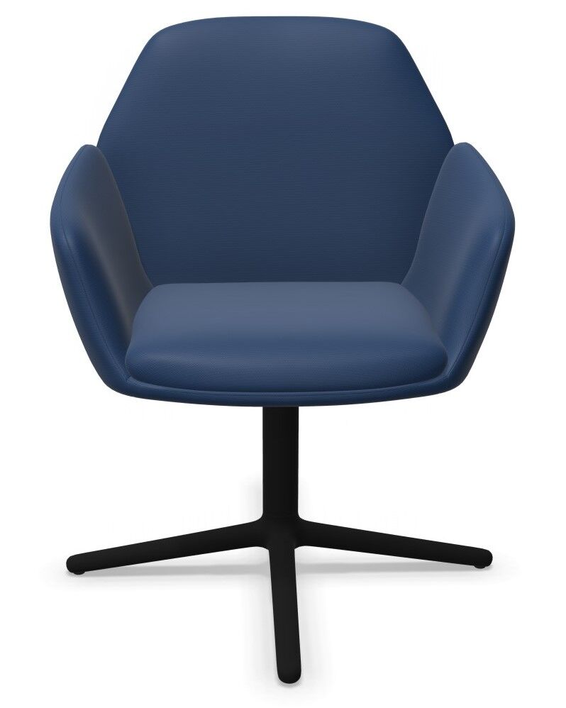 Moderner blauer Bürostuhl mit gepolstertem Sitz und schwarzem Metallfuß; ergonomisch gestaltet für gesundes Sitzen.