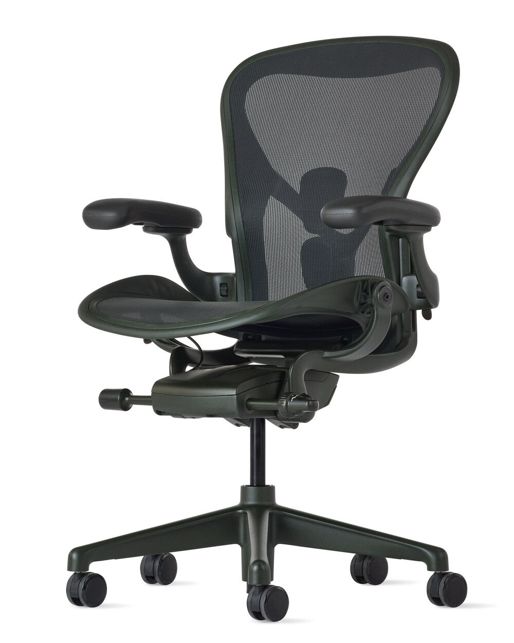 Ergonomischer Bürostuhl mit Netzrückenlehne und verstellbaren Armlehnen für dynamisches Sitzen in dunklem Grün.