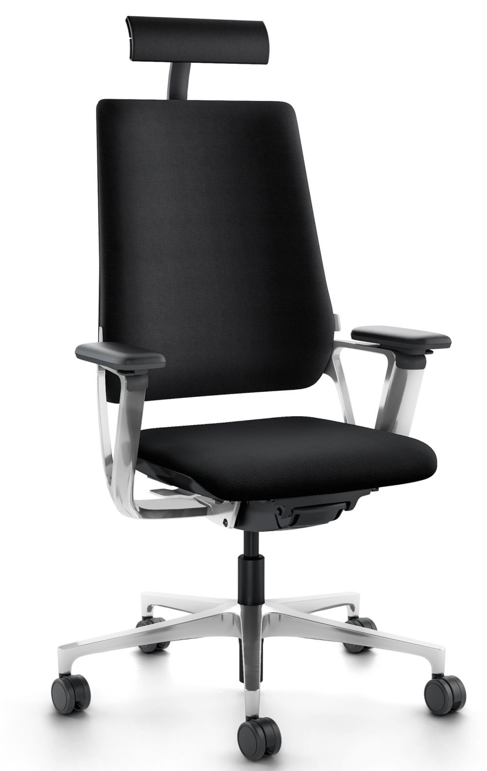 Ergonomischer Bürostuhl mit schwarzem Bezug, höhenverstellbarer Kopfstütze und flexiblen Armlehnen für dynamisches Sitzen.