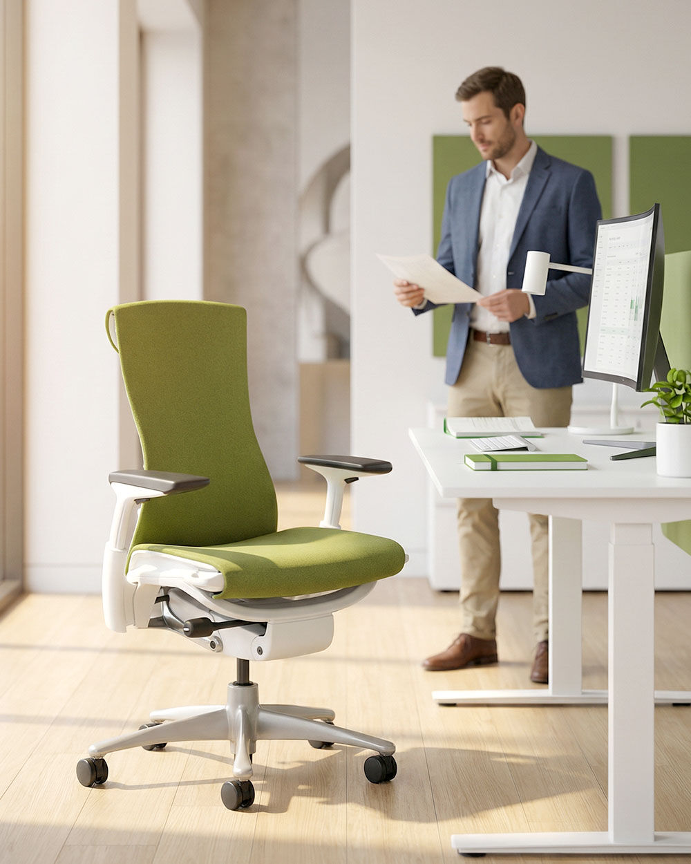 Moderner ergonomischer Stuhl in Grün vor einem Schreibtisch mit Monitor, Mann betrachtet Dokumente im Hintergrund.
