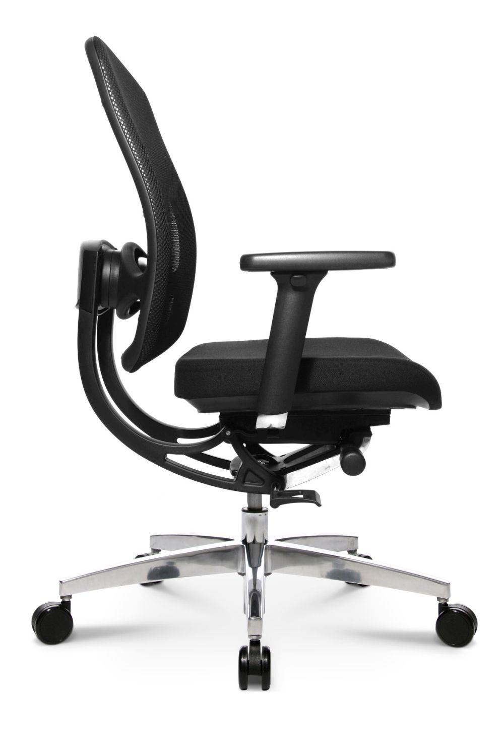 Moderner ergonomischer Bürostuhl mit gepolsterter Sitzfläche, Netzrückenlehne und verstellbaren Armlehnen, Seitenansicht.