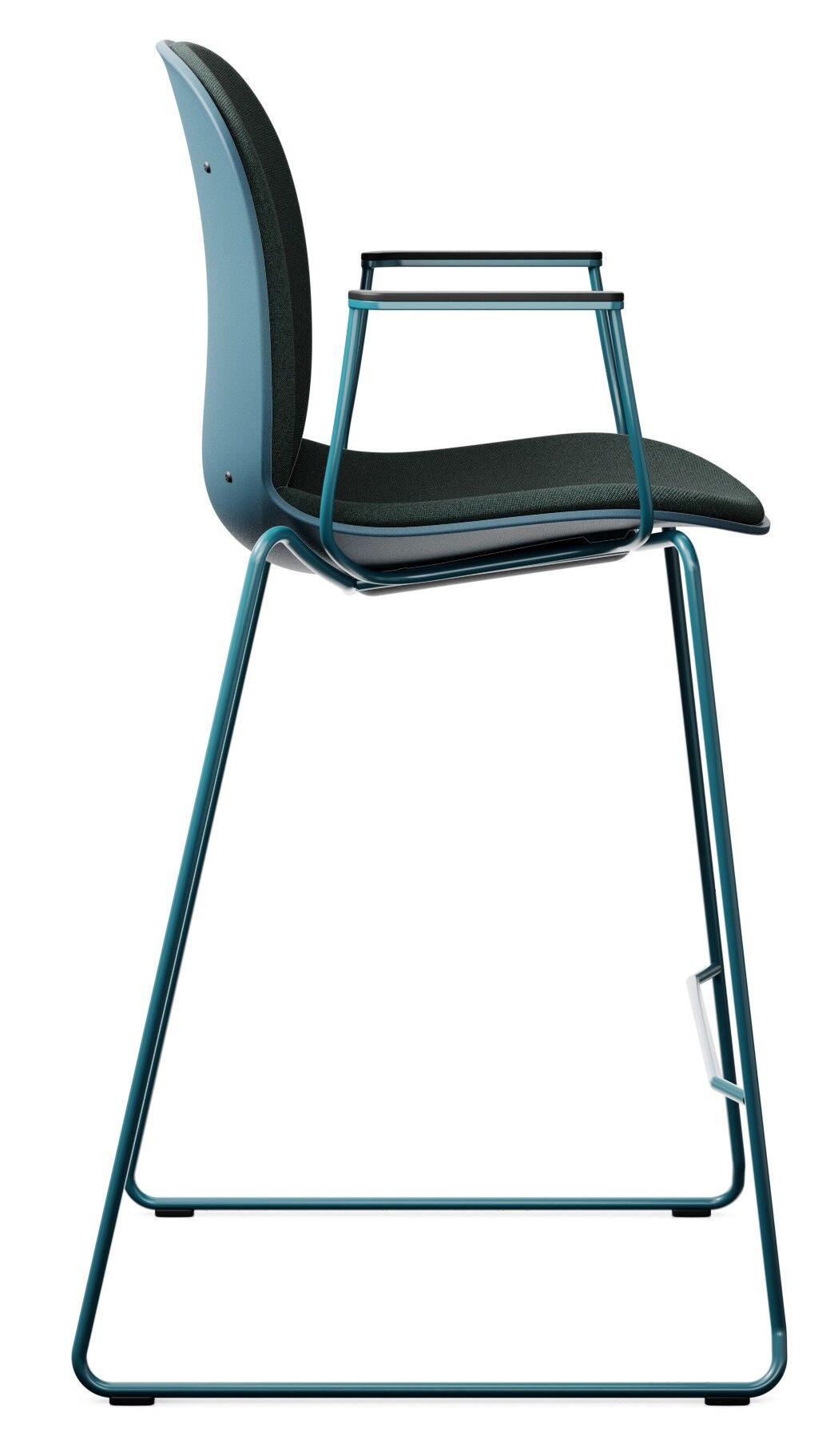 Ergonomischer Bürostuhl mit gebogenem Metallrahmen, Armlehnen und schwarzer Polsterung, seitliche Ansicht.